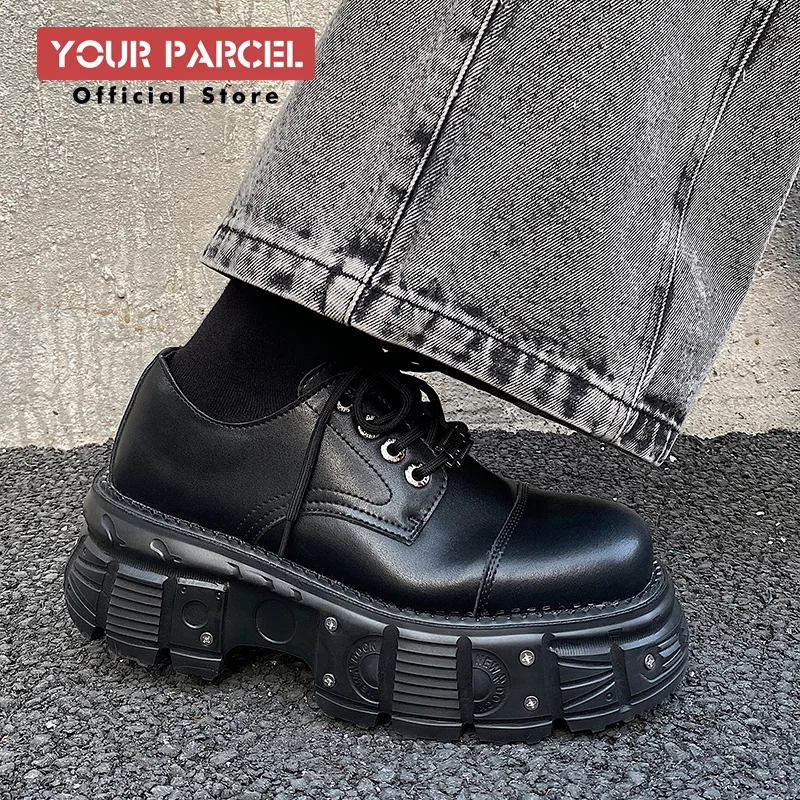 

9CM height increasing leather shoes men's 2025 new dark series, sponge cake shoes punk style, trendy big toe thick soled shoes
