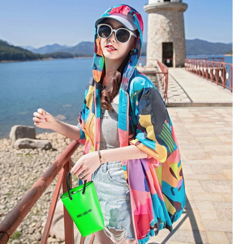 Women\'s UV Protection Hooded Jacket Summer Breathable Thin Sun Protection Korean Version Loose Breathable Outdoor Sports Coat