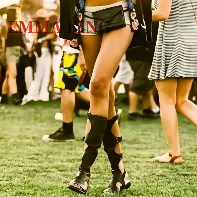 المرأة الجوف خارج صنادل طراز جلاديتور قطع الركبة عالية الشقق أحذية الصيف النساء روما نمط صنادل شاطئ اليدوية حذاء كاجوال #3