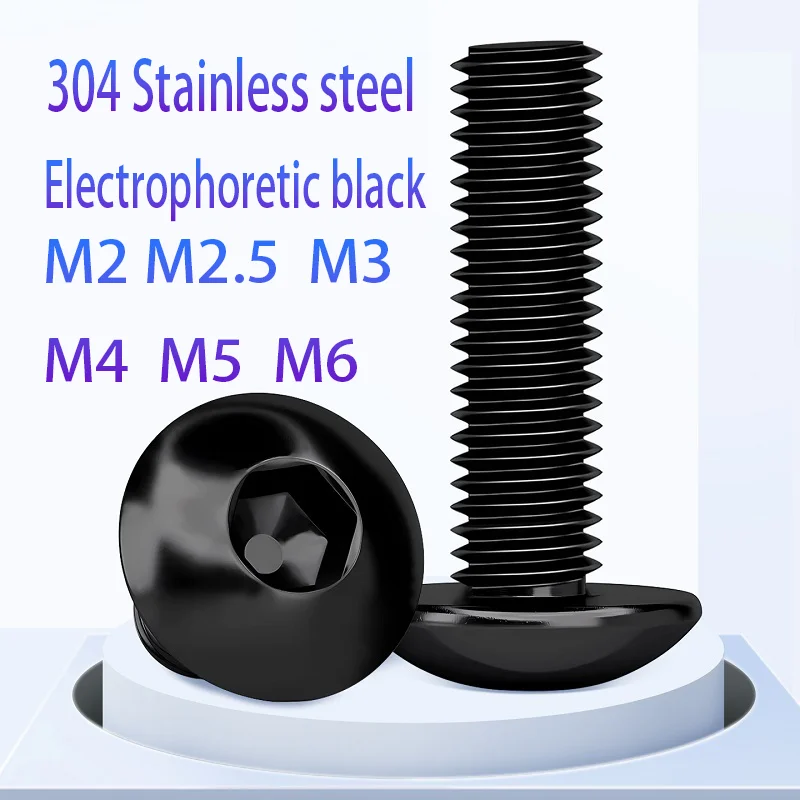 Black 304 Stainless steel Umbrella Head hexagonal Screw, Flat head screw, Mushroom Head round head bolt M2/M2.5/M3/M4/M5/M6