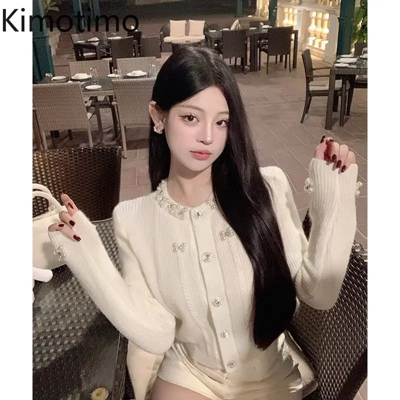 Kimotimo Fashion Beading O Neck Knitted Cardigan Women Autumn Winter Elegant Slim Long Sleeve Cropped Sweater Solid Jumper Tops