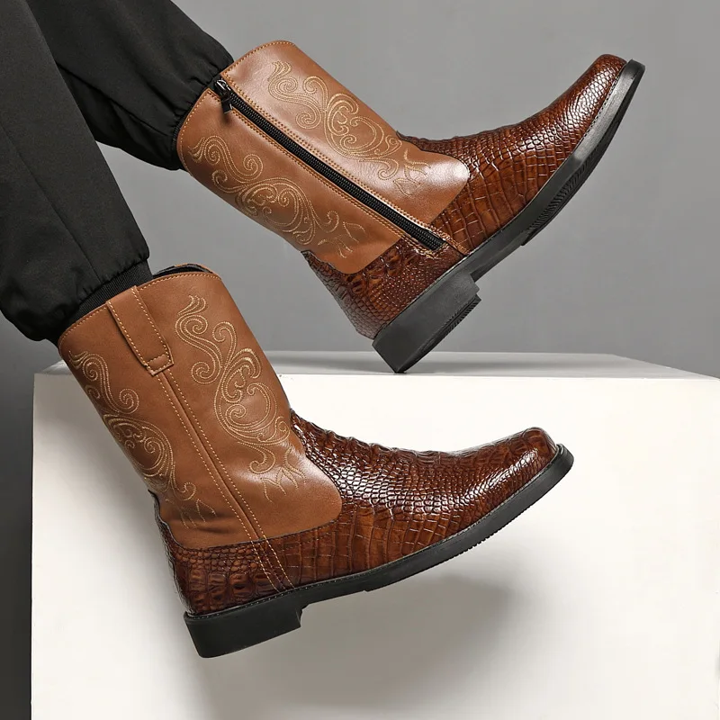 Men's Wide Width Tall Cowboy Boots Fall 2025 PU Leather High Shaft Western Embroidered Workwear Vintage Riding Boots for Outdoor view 4