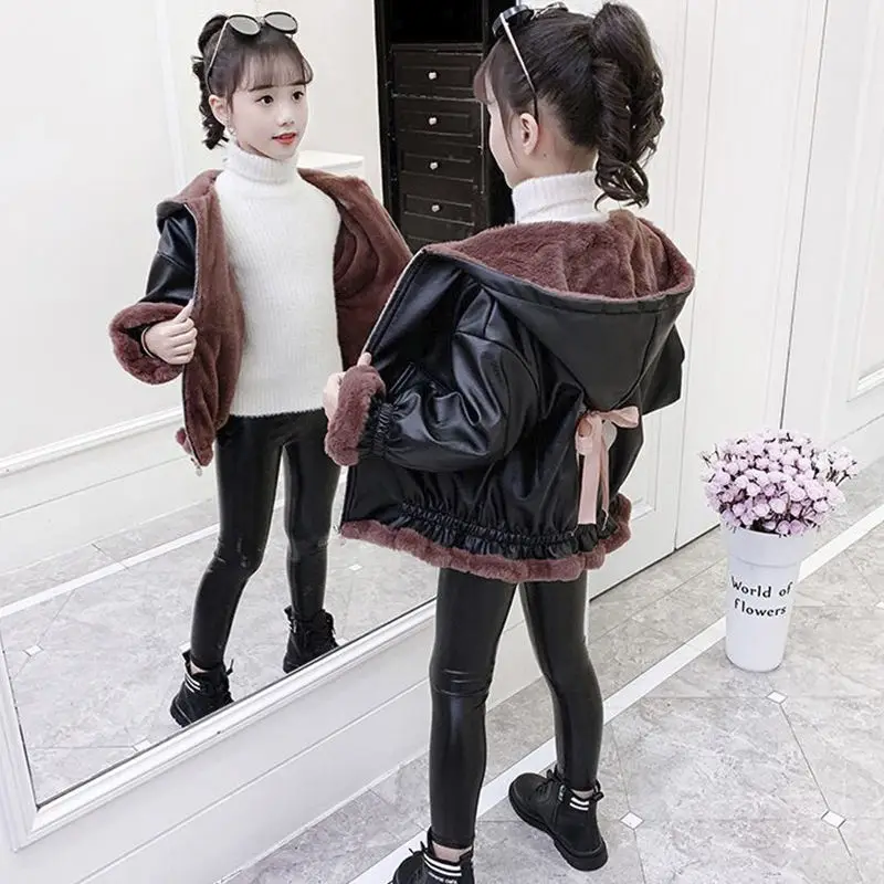 

Girls Kids Coat Jacket Overcoat Cotton 2022 PU Warm Plus Thicken Velvet Winter Sports Teenager School Children's Clothing