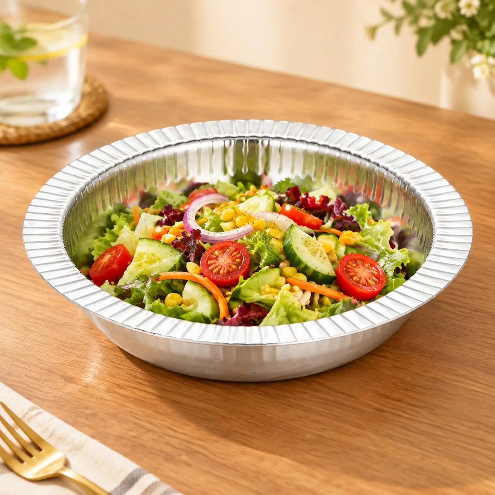 Round Stainless Steel Serving Plate with Fluted Rim Spacious Brushed Stainless Steel Serving Dish Salad Bowl Large Capacity