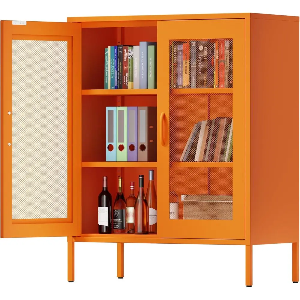 

40 High Orange Metal Locker Cabinet with 2 Mesh Doors, Adjustable Shelves for Home, Coffee Bar, and Office Storage