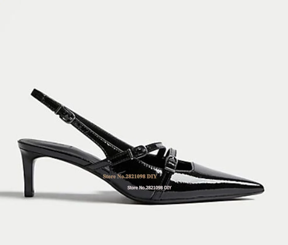 

Patent Leather Double Buckle Straps Kitten Heeled Slingbacks Pointed Toe Pumps Sling Back Women's Shoes Party Shoe