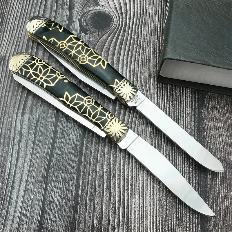 

Carry Multi-functional Window Flower Dual Blade Brass+resin Handle EDC Fishing Hunting Hiking Gift Giving Folding Knife with You