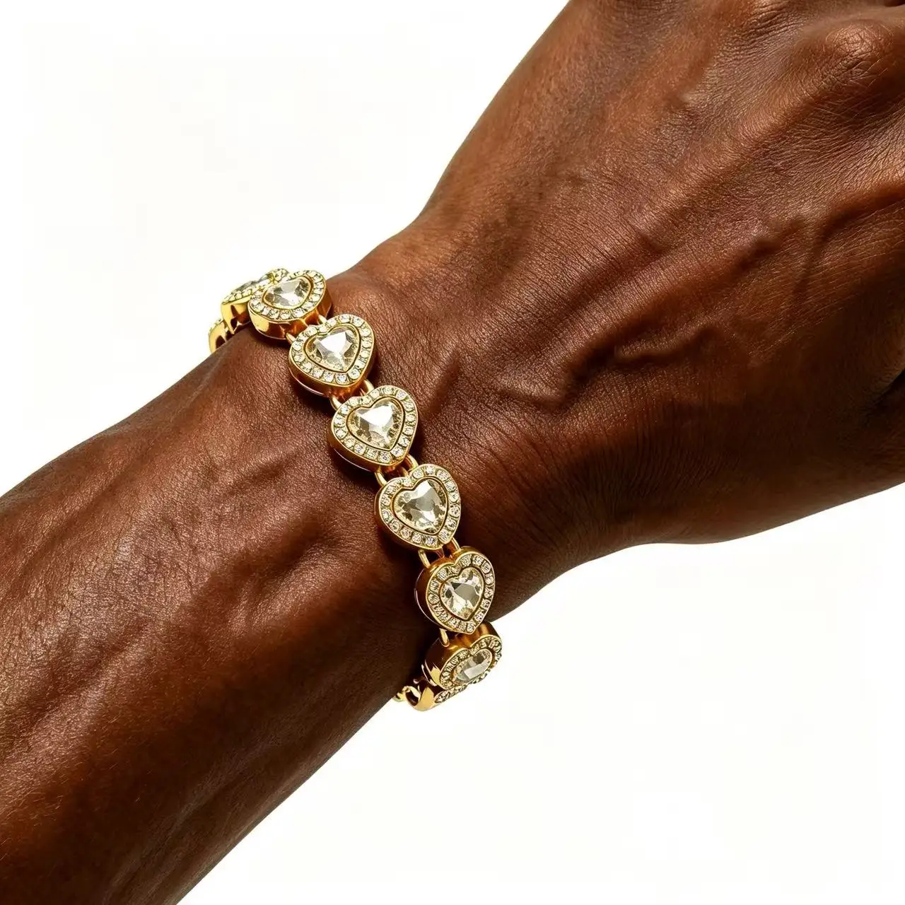 10mm Iced Out Heart Tennis Bracelet Gold Plated Box Clasp Love Heart Link Chain Bracelets Hip Hop Y2K Jewelry Gift For Women Men