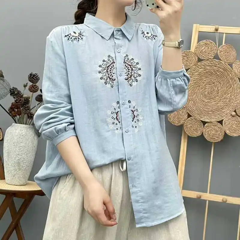 Camisas de algodón bordadas de estilo étnico para chica Mori Vintage japonés, blusa informal de manga larga con cuello vuelto para primavera y otoño para mujer