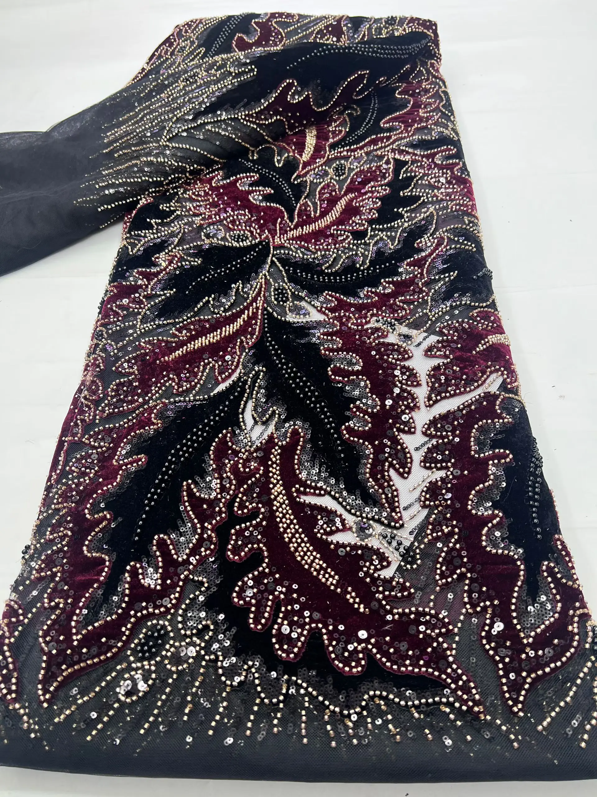 New Style Velvet Beaded Sequin African French Lace Fabric 2025 High Quality Handmade Bead Nigeria Lace Fabric For Party KHD25174