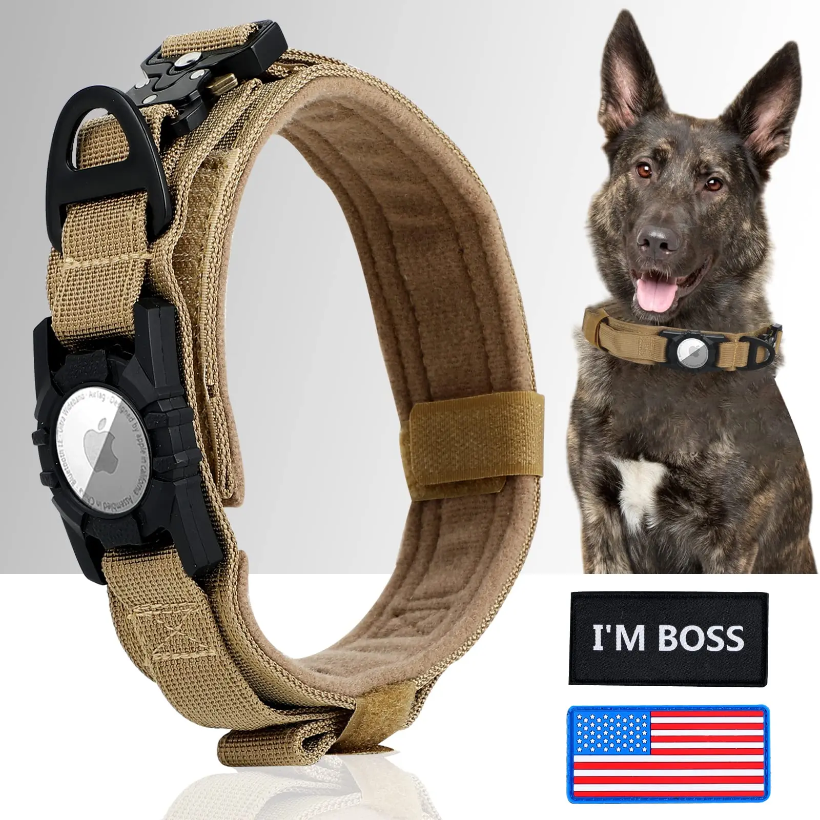 Coleira tática para cães AirTag, com suporte AirTag e alça, fivela de metal para cães militares, coleira GPS ajustável para cães médios e grandes