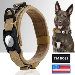 AirTag Tactical Dog Collar, with AirTag Holder and Handle Military Dog Metal Buckle Adjustable GPS Collar for Medium Large Dogs