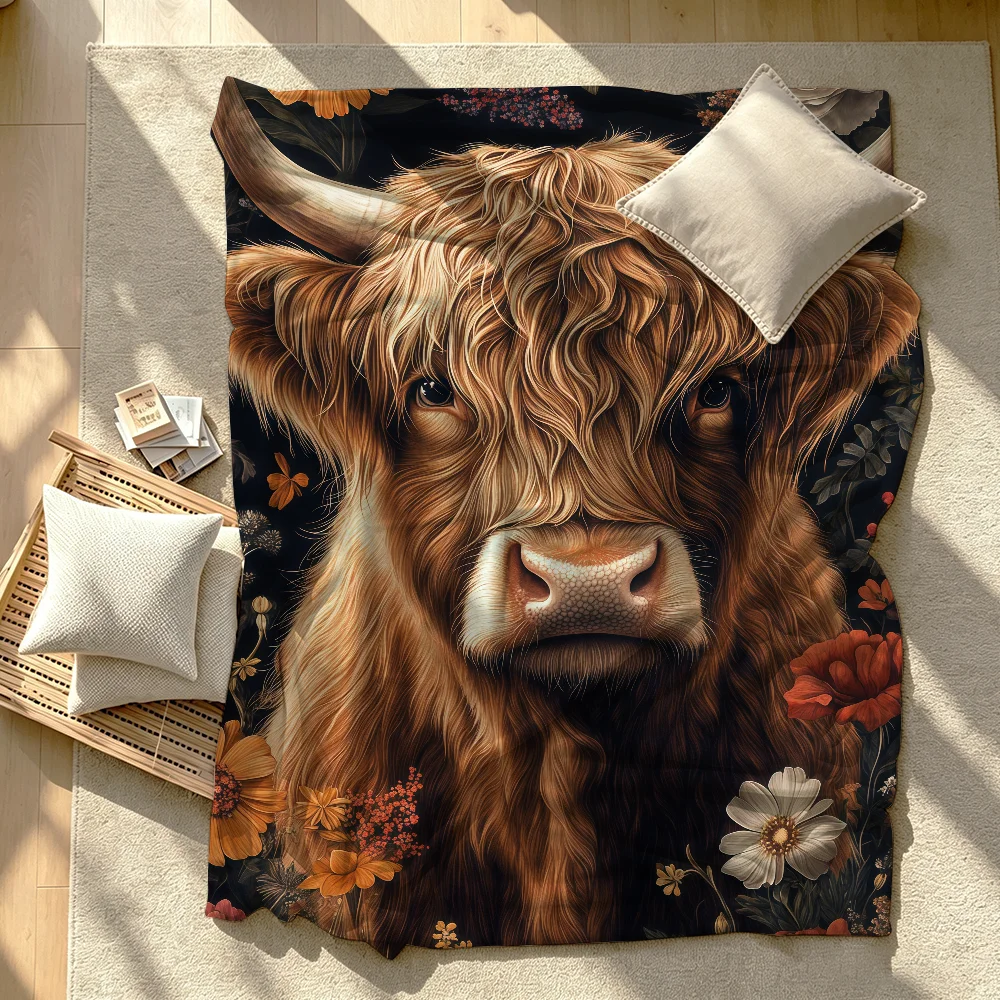 Highland Cow Flower Blanket Soft Warm And Thick Perfect For Bedroom Living Room Bed Sofa Camping Picnic Office Gift