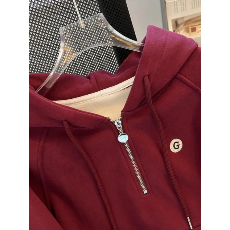 Sweat-shirt à capuche en pur coton pour femme, pull épais en velours bordeaux, demi-fermeture éclair, nouvelle collection automne hiver