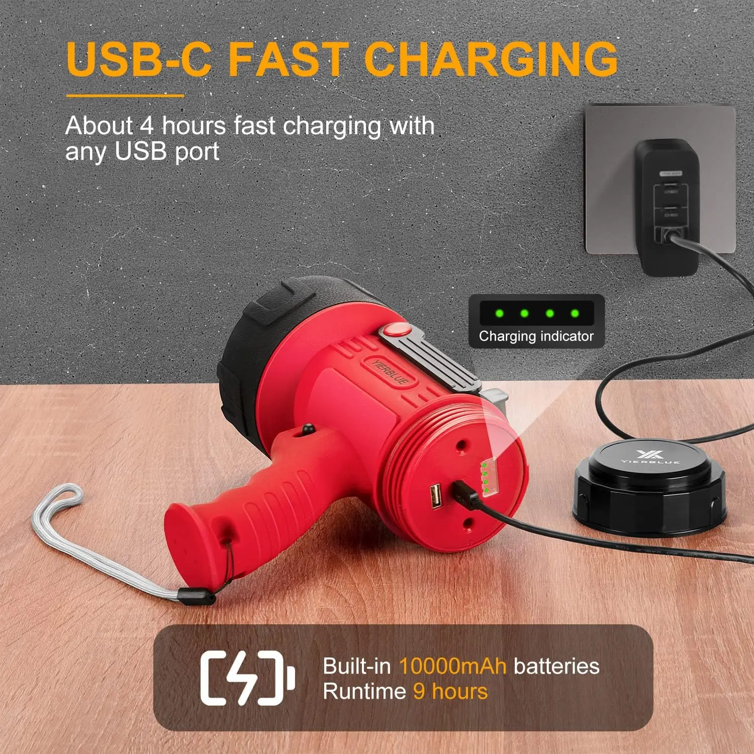 Rechargeable Spotlight Flashlight with 100,000 Lumen LED, IP67 Waterproof and Long-Lasting Battery for Outdoor Use