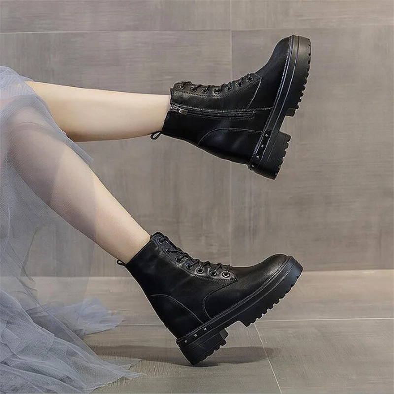 Women Ankle Boots Autumn Leather Chunky Shoes Woman High Platform Breathable Sneakers 9CM Thick Sole Wedges Motorcycles Boots