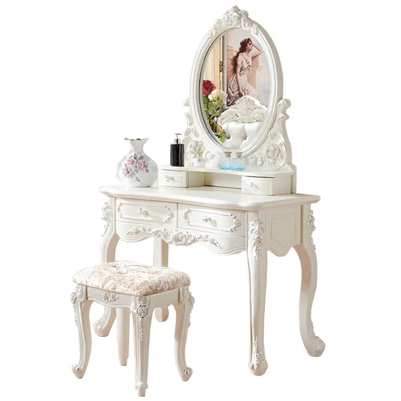 Light Luxury European Dressers for Bedroom Princess Furniture Ins White Dressing Table Makeup Vanity Table with Light Mirror Set