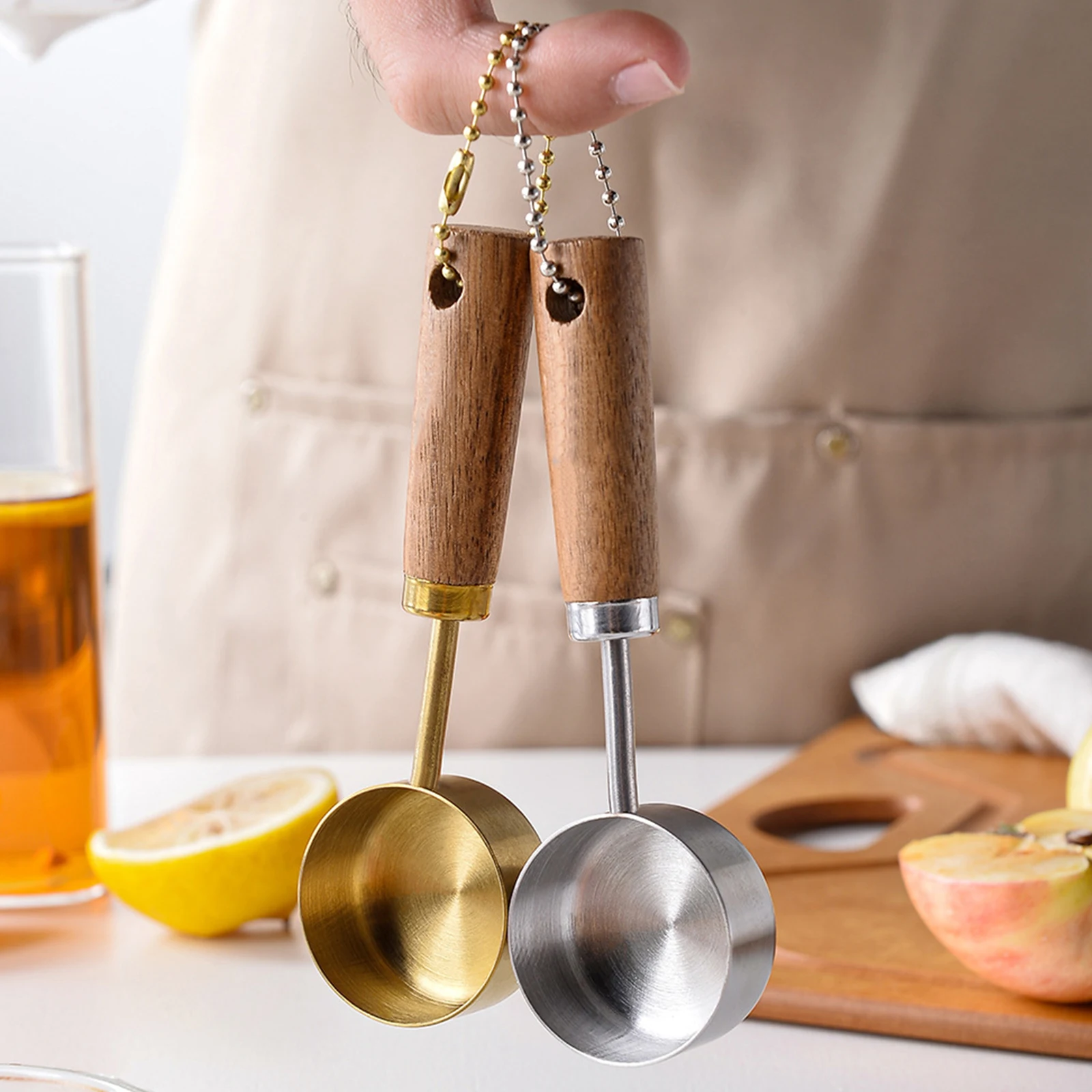 

Flat Bottom Stainless Steel Measure Spoon with Wood Handle Hangable Measuring Cup 14ml Rustproof Kitchen Measure Tools Baking