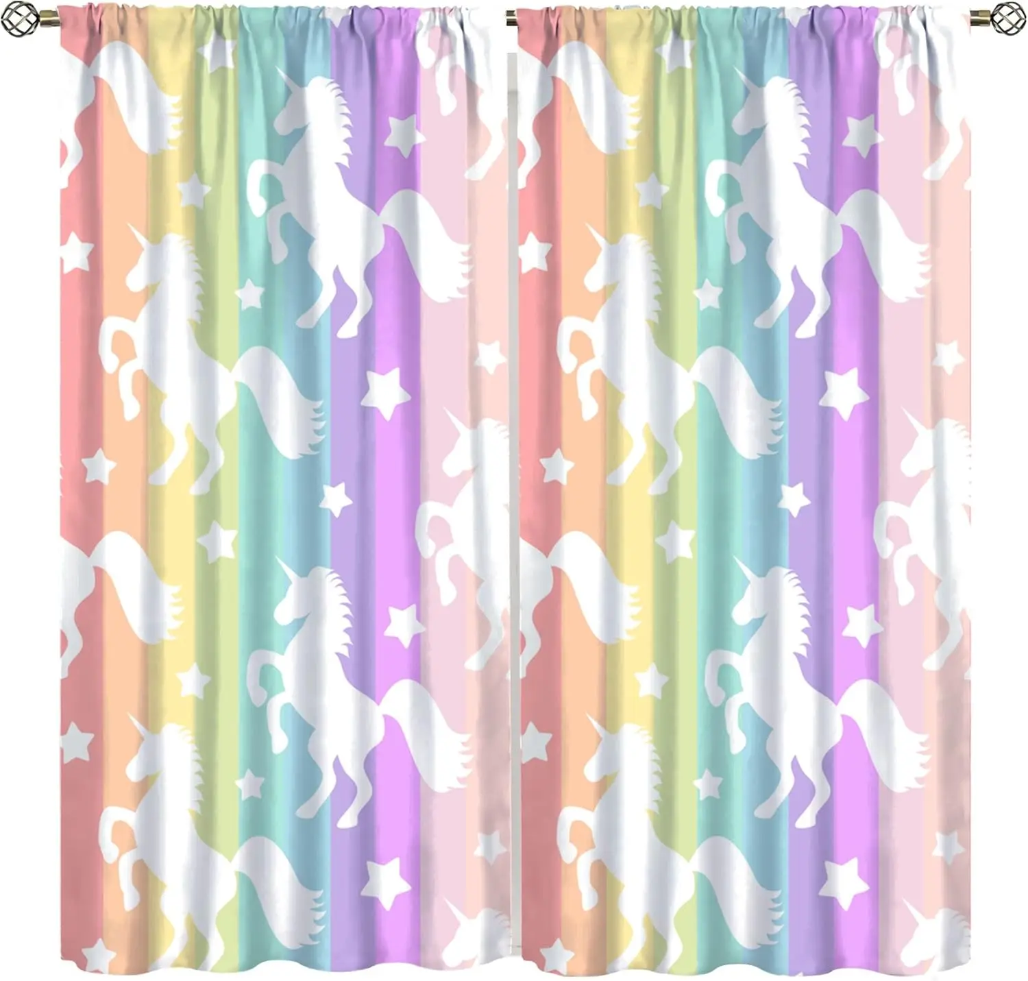 Rainbow Unicorn Blackout Curtains Cartoon Style Cute White Stars Colorful Lines Window Treatments for Kids Girls Bedroom Nursery