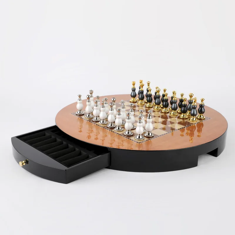 Nordic chess ornament, black and white wooden piano paint process plus zinc alloy chessboard ornament
