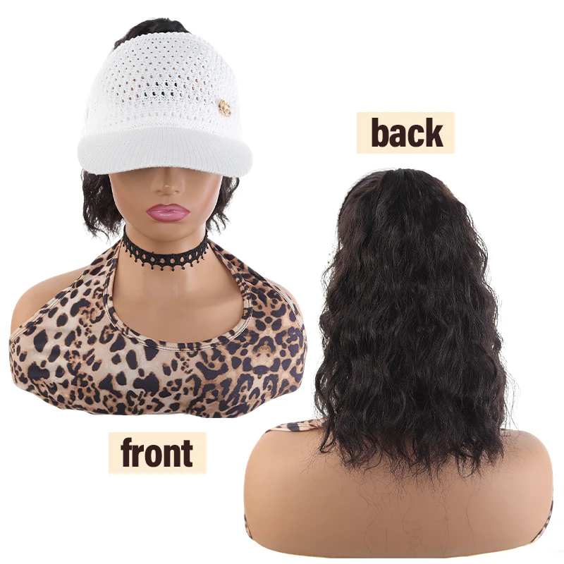 12inch White hollow top hat corn bearded ponytail hat wig female wig heat-resistant fiber wig simple and natural to wear