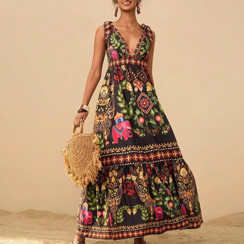 Women Fashion Print Loose Holiday Beach Dress Spring Double V Neck Backless Long Dress Summer Tie-up Sling Boho Maxi Dress Mujer