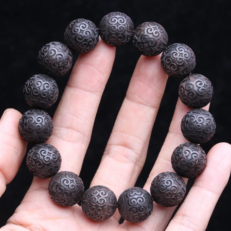 Natural Ebony Bracelet, Key Pattern Beads, Auspicious Cloud Beads, Prayer Beads, Lucky Decorations,Classic Carved Bracelets