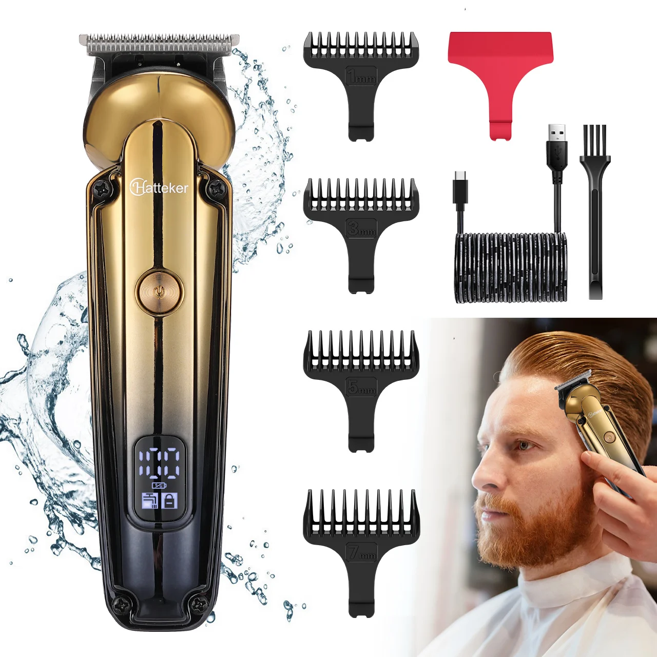 

Набор для ухода за бородой Hatteker для мужчин: водонепроницаемая машинка для стрижки волос с USB-зарядкой, триммер с Т-образным лезвием, насадка для точной стрижки и щетка для чистки.