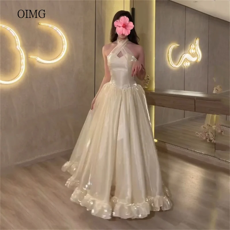

OIMG Shiny Criss-cross Halter A Line Prom Gowns Ruffled Party Gown Floor Length Evening Dress vestidos de fiesta Customized