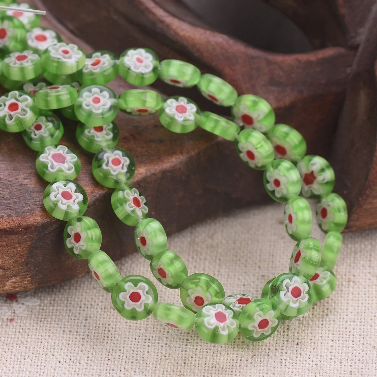 

45pcs(1 Strand) Flat Round 8mm Green Floral Handmade Millefiori Glass Loose Beads Lot For Jewelry Making DIY Crafts Findings