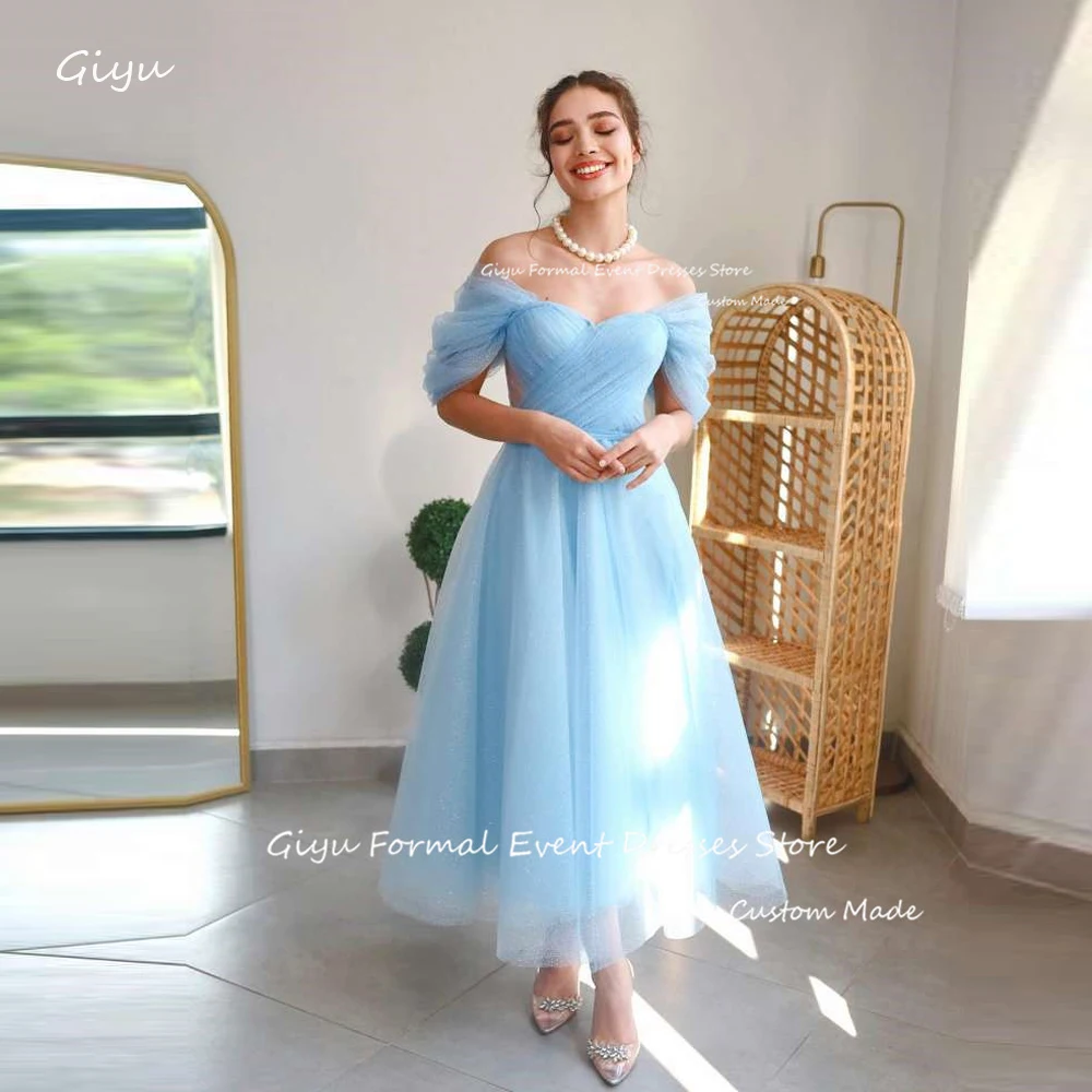 

Giyu Sexy Off Shoulder Blue Tulle Prom Dresses Korea Wedding Photoshoot Sparkly Glitter Ankle Length Evening Party Dress