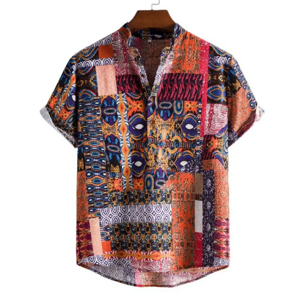 Camisas masculinas estampadas em estilo étnico vintage, malha casual streetwear, gola em gola alta, manga curta, camisa havaiana solta, verão