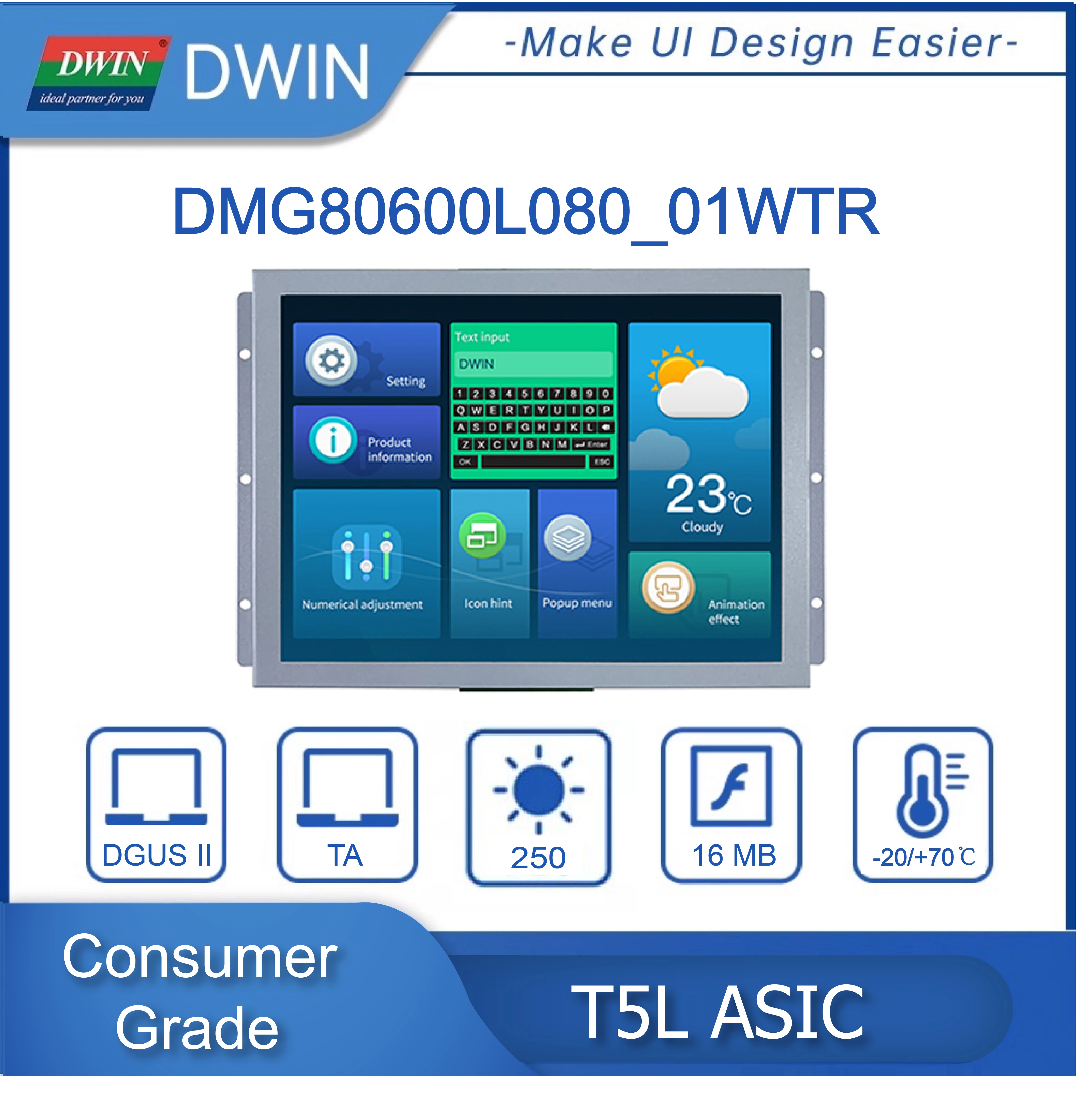 Wyświetlacz DWIN 8 cali, rozdzielczość 800*600 pikseli, inteligentny moduł LCM z rezystancyjnym ekranem dotykowym LCD, model DMG80600L080_01WTR