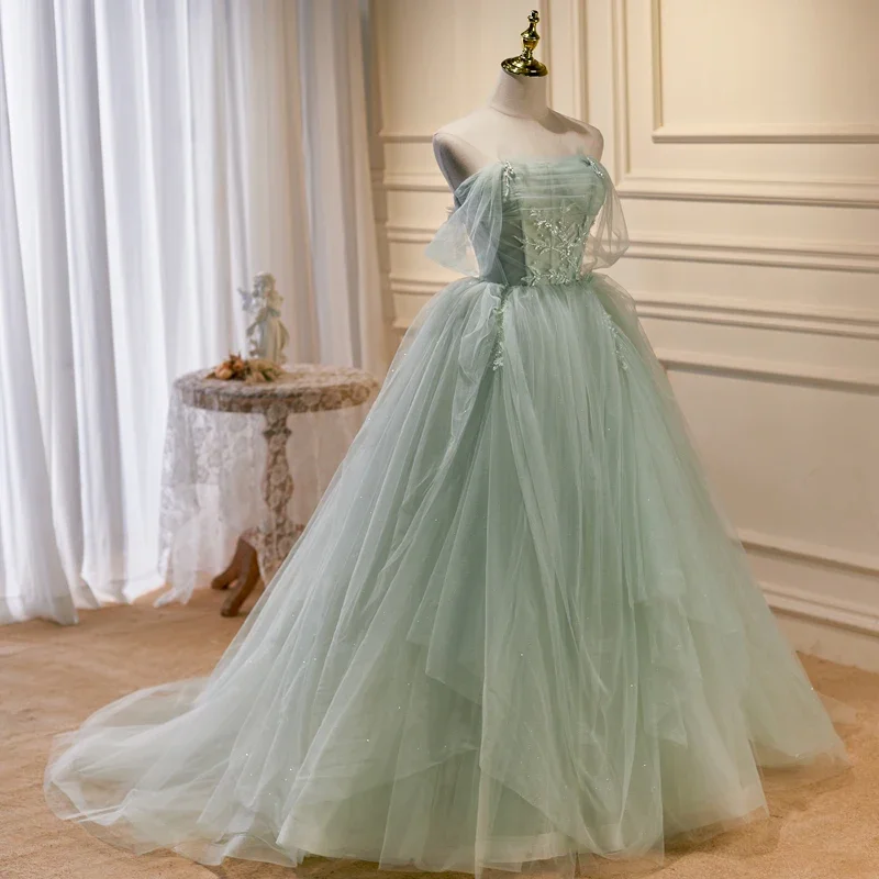 Evening Dresses Green Tulle Strapless Beads Short Sleeve Lace Up Floor Length Plus Size Party Formal Ball Gowns Customization