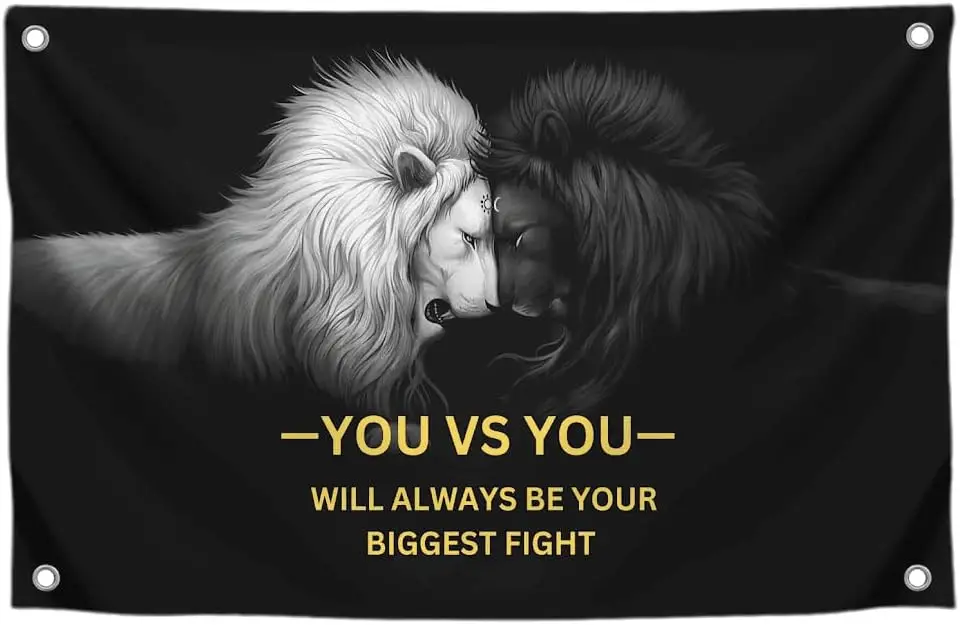 Lion Motivation Quote Flag - You vs You Biggest Fight - Inspirational Wall Decor for Men and Women - Training Poster Banner