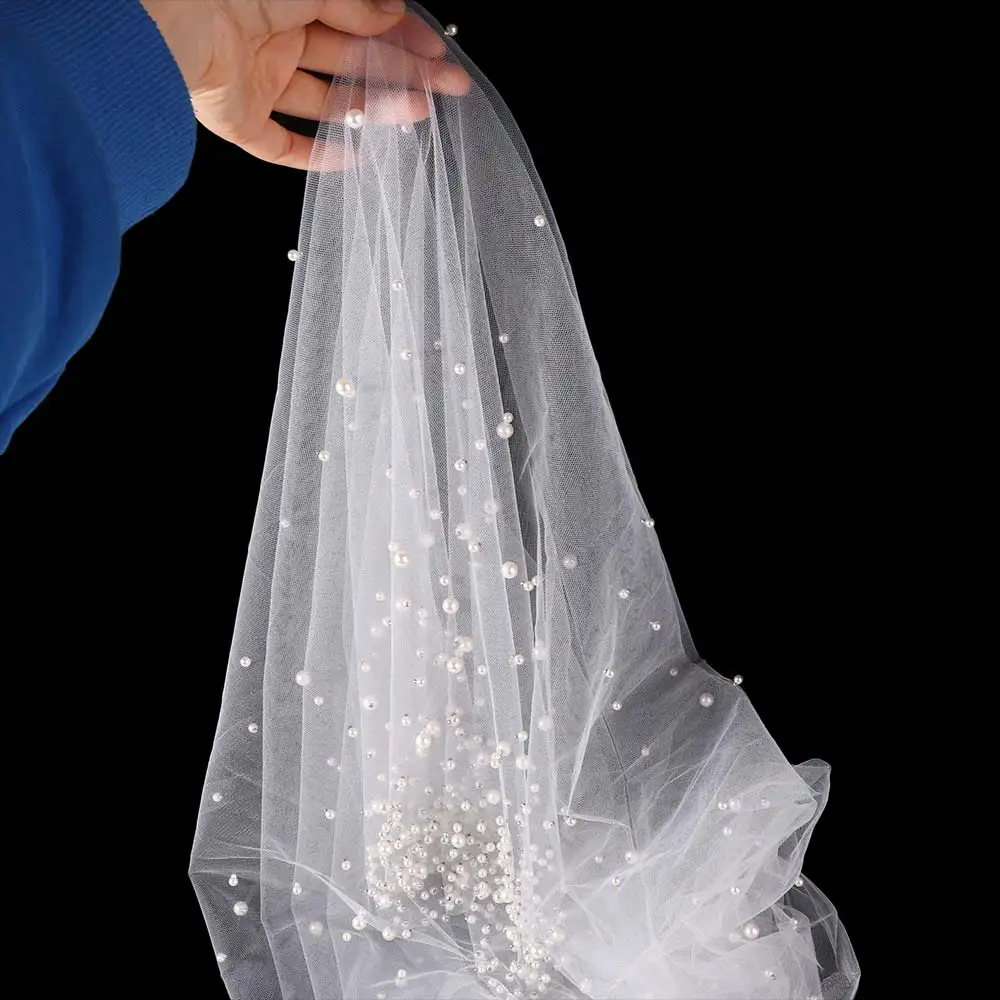 

Elegant 130cm Pearls Tulle Bridal Veil Vintage Without Comb Waist Length Drop Veil White Bead Pearls Wedding veil Wedding Dress