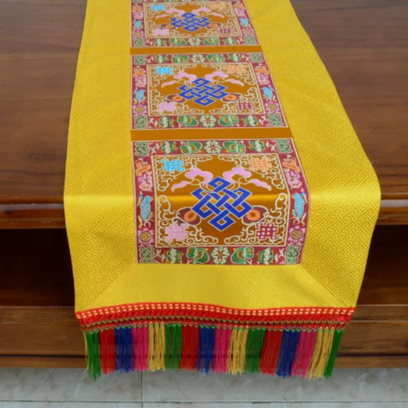 Tibetan Buddhist Altar Tablecloth - Eight Auspicious Symbols Vajra Pestle Embroidery, Long Temple Banner Decor