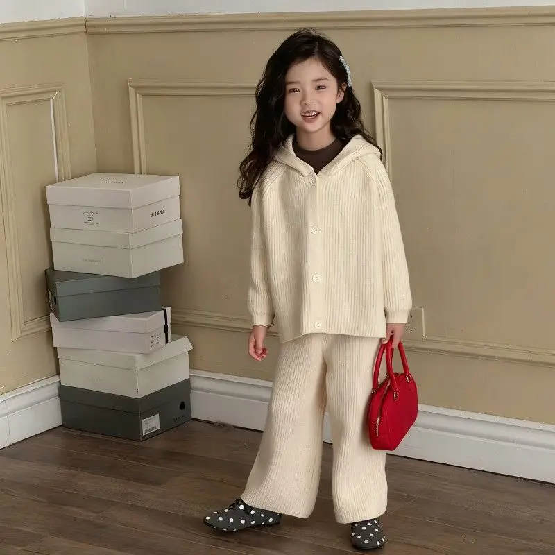Childrne Girls Winter 2PCS Clothes Set Solid Knitted Hooded Cardigan Coat Suit Loose Thicken Warm Kid Girls Bell-bottoms Outfits
