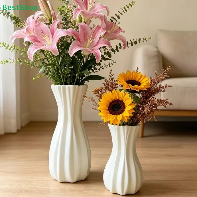 Matte White Striped Plastic Vase Shatterproof Hydroponic Container Lightweight Home Decor For Flowers, Plants Tabletop Display