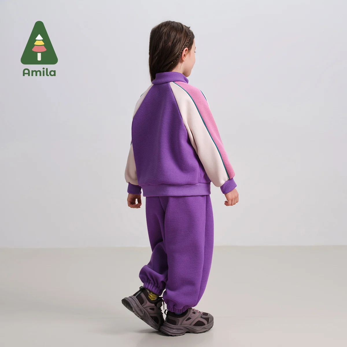 Amila Baby Suit 2024 Winter New High Quality Girls Purple Contrast High Collar Sports Warm Soft Loose Casual Children‘s Clothing