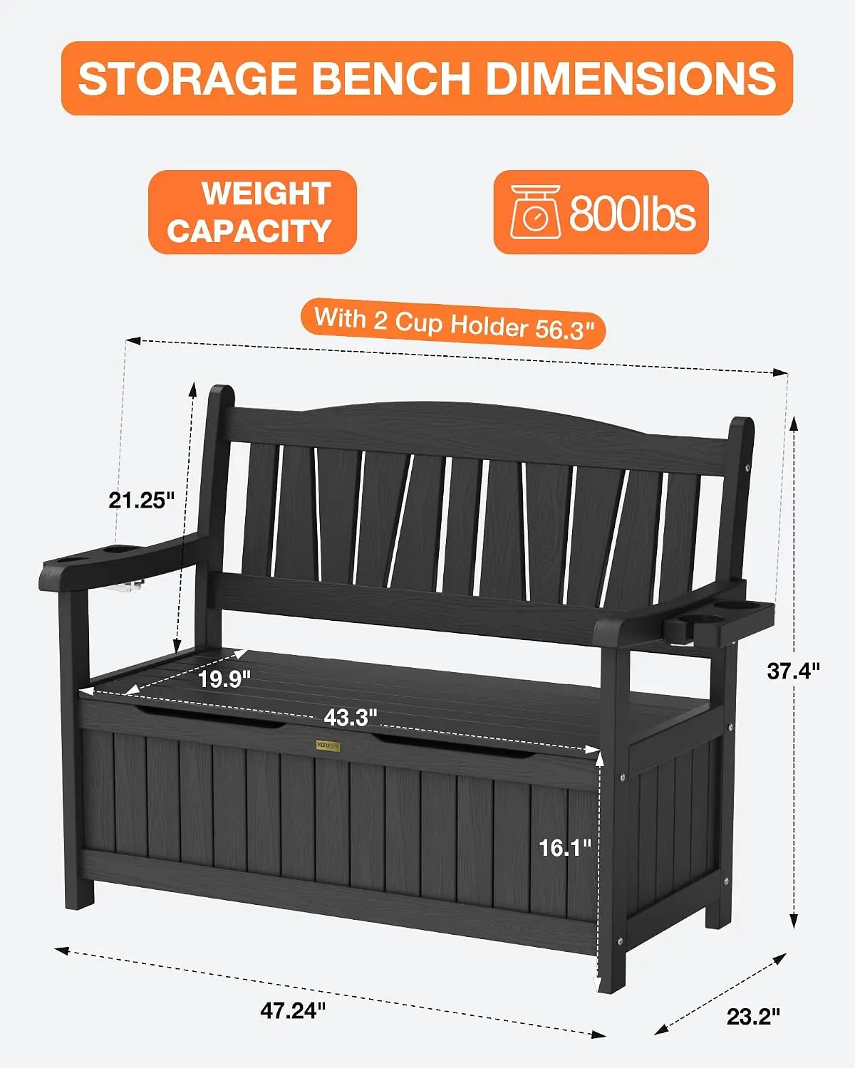 Outdoor Bench, Heavy Duty Garden Storage Bench, Weatherproof, Black