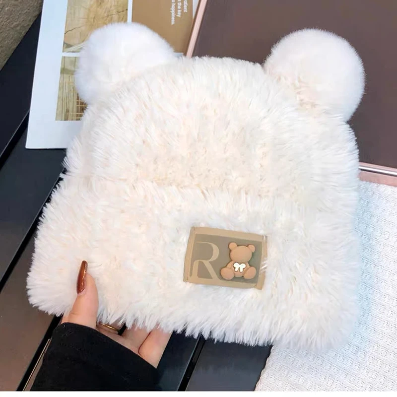 Cute Little Bear Woolen Hat  Winter Thick Plush Warm Fur Hat Autumn and Winter Big Head Circumference Knitted Hat