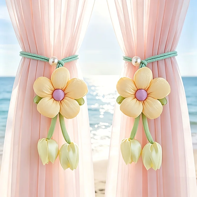 2Pcs Tulip Flower Curtain Tie Band Soft Cloth Curtain Holder Romantic Seaside Atmosphere Window Decor Strap Home Living Ornament
