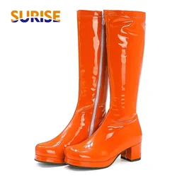 2024 Big Size Women Knee High Platform Boots Orange Red Patent Leather High Square Heels Lady Round Toe Zipper Long Riding Boots