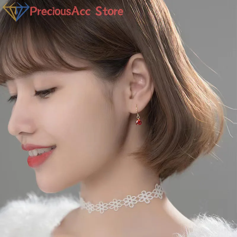 1Pair Korean Style Exquisite Wine Red Zircon Love Heart Dangle Stud Earrings For Women Simple Fashion Ear Hook Party Jewelry