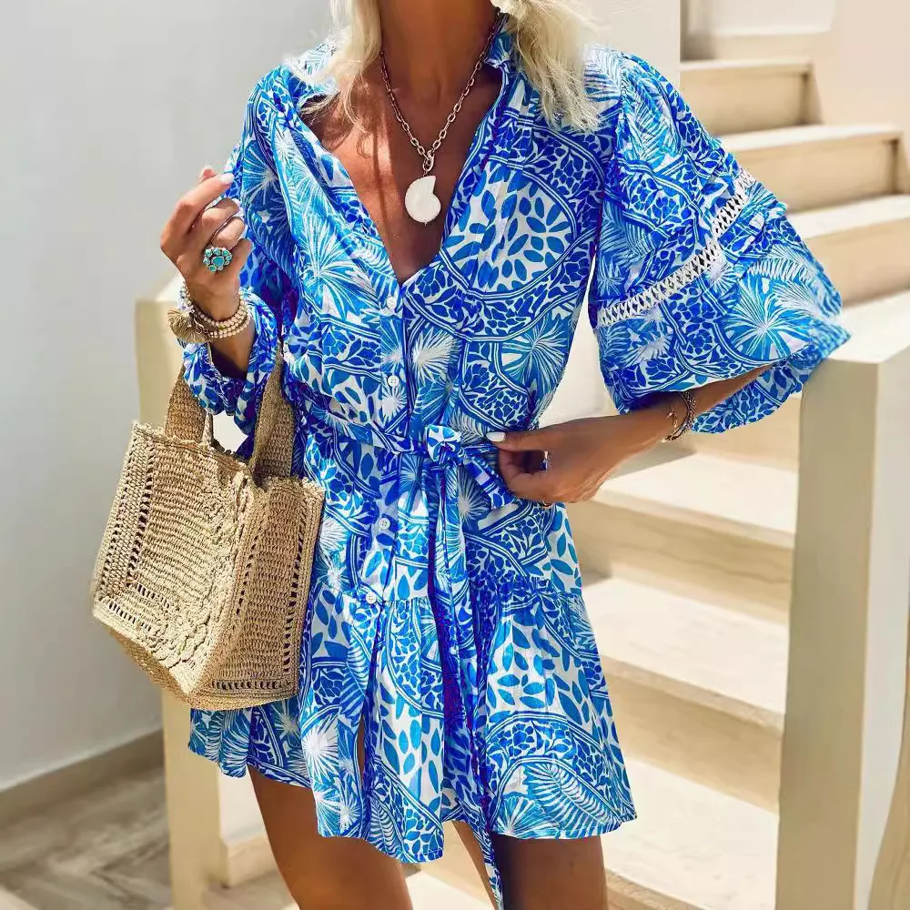 Fashion Boho Print Dress Casual Single Breasted Stand Collar Puff Sleeve Lace Up Short Dresses Resort Style Women's Clothing