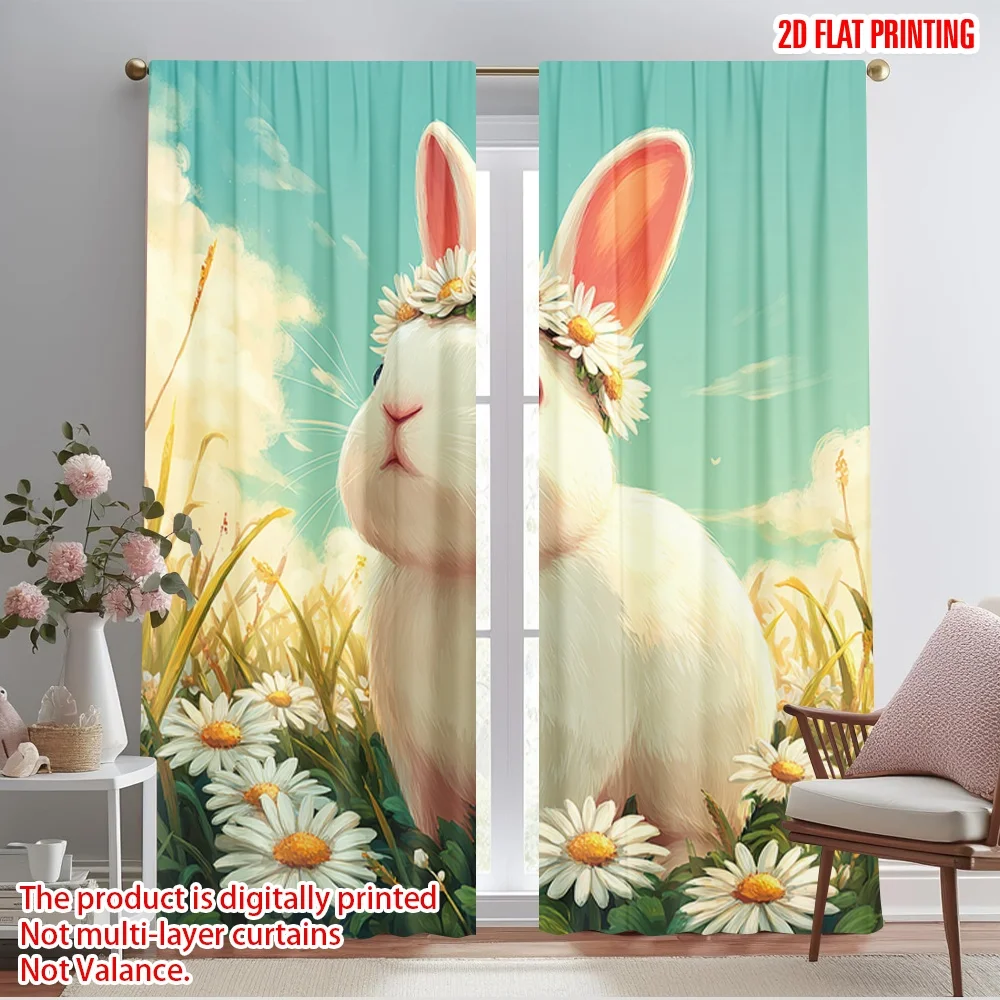 

2pcs 2D flat printing Curtain Cute Bunny Flower Crown Meadow Fabric Without Electricity Festive Curtains Use for Festive Wall