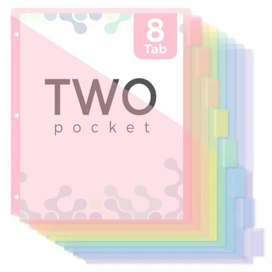 

Pastel Binder Dividers with Tabs and Pockets - Soft Plastic Dividers for 3 Ring Binder, Includes 16 Blank Index Labels, for Sch