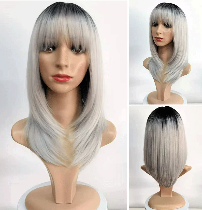 JOVIA Blunt bangs layered high necked gradient grey short straight natural bob wig suitable for female role-playing or everyday
