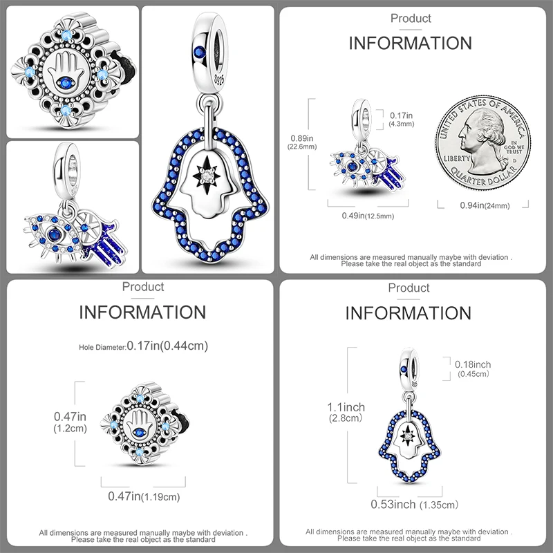 3-teiliges 925 Sterling Silber Hamsa Hand Böser Blick Charm-Set Glücksbringende Blaue Augen-Perlen DIY Armband Halskette Geschenk für Frauen – Detail 7